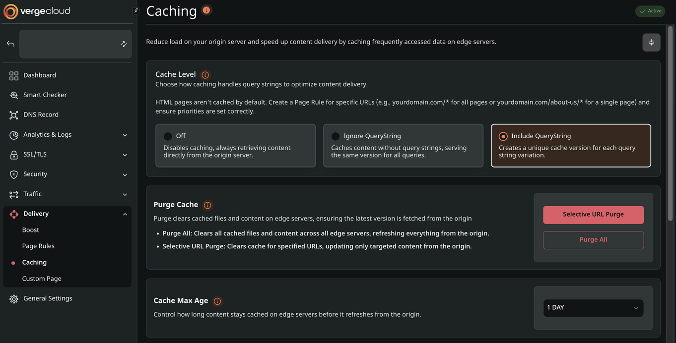 Caching Settings page in the VergeCloud panel