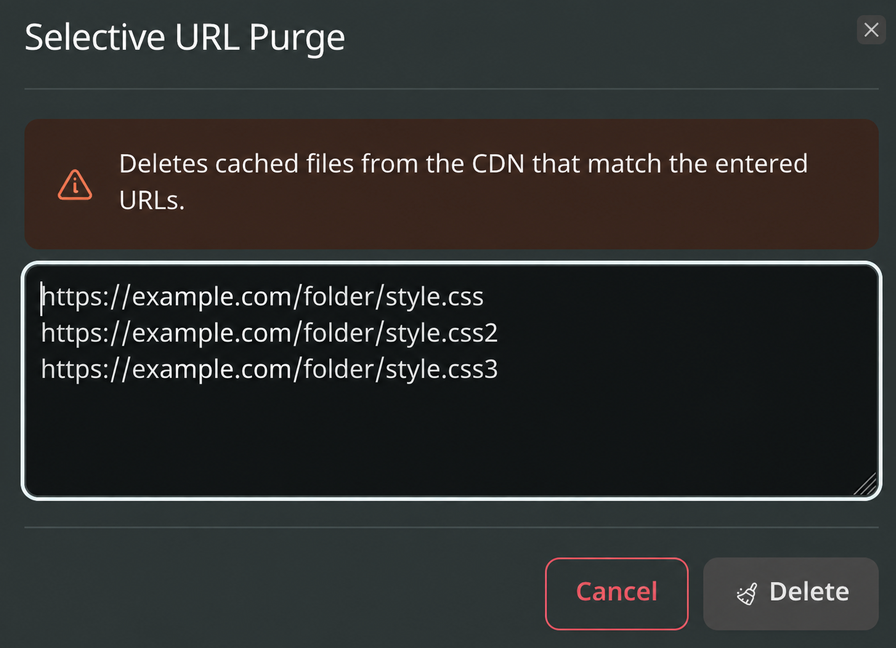 Selective URL Purge field in the VergeCloud CDN panel
