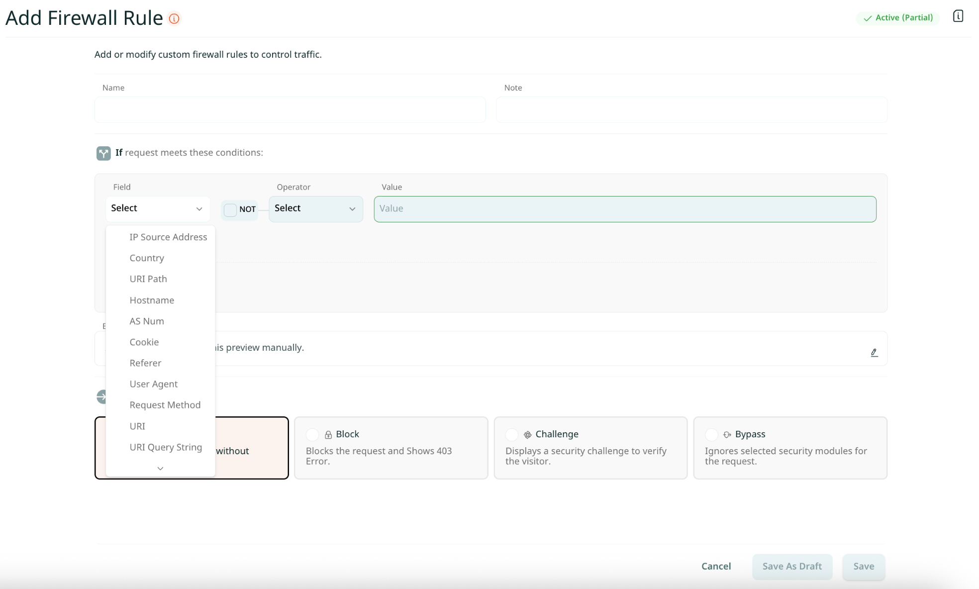 VergeCloud firewall rule configuration page with IP, country, and URI filtering options