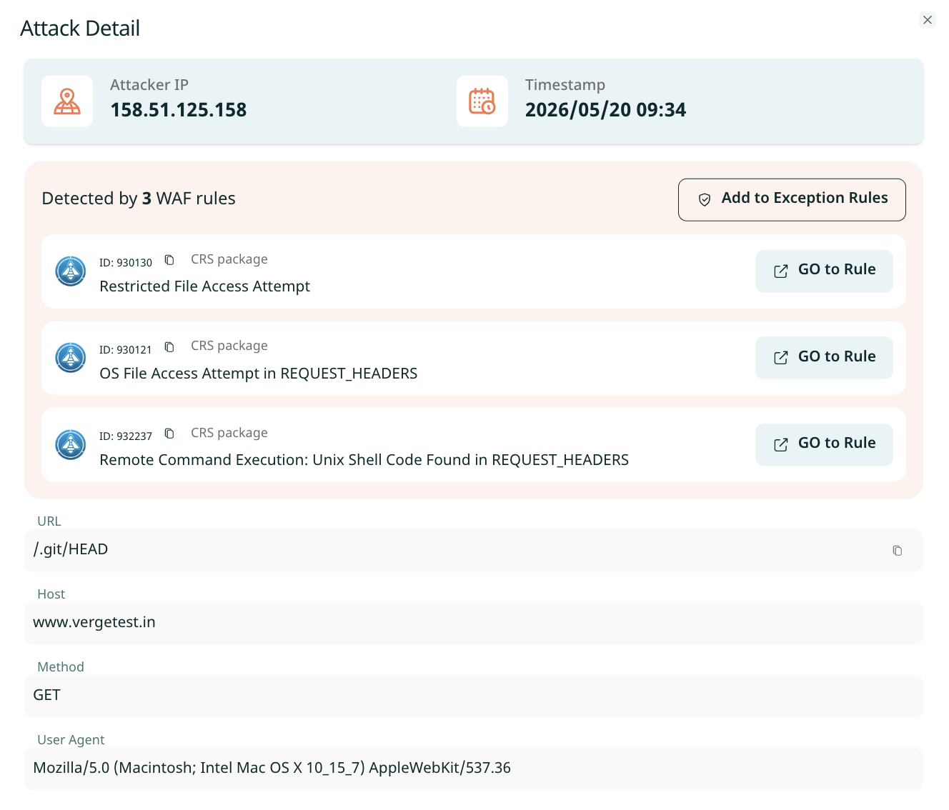 Attack Detail panel showing attacker IP, timestamp, triggered WAF rules, URL, host, method, and user agent with options to add to Exception Rules or go to the rule.